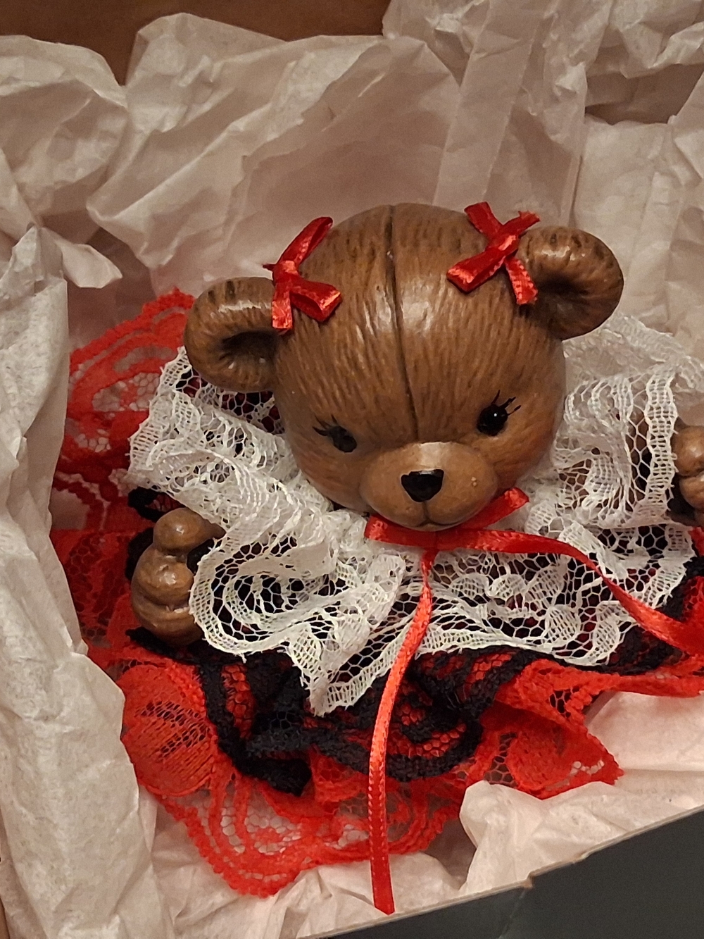 Adorable Brown Bear Figurine in Red & Black Lace Dress (Vintage)